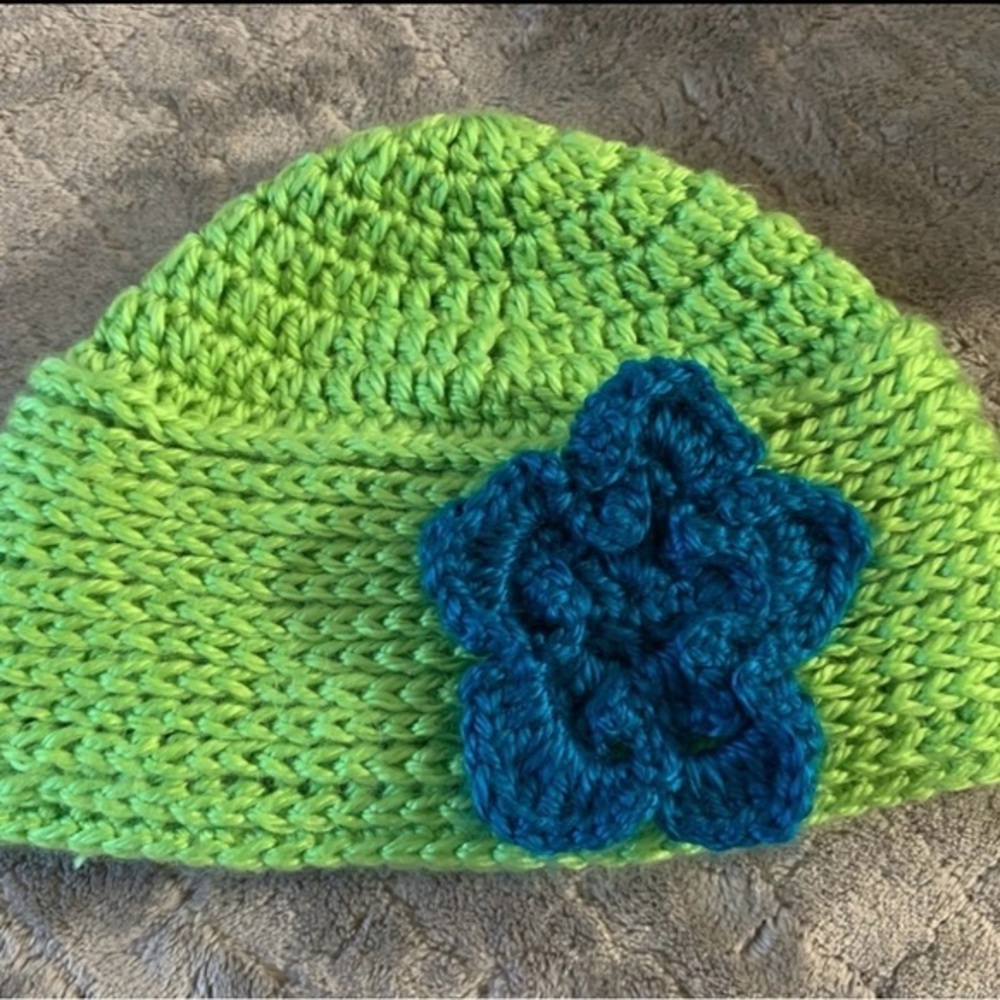 Handmade Crochet Beanie Hat with Flower Accent – Green & Teal Blue